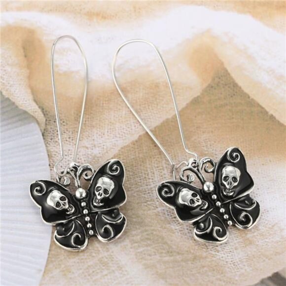 Unique Black Butterfly Skull Dangle Hook Drop Earrings - Picture 6 of 8